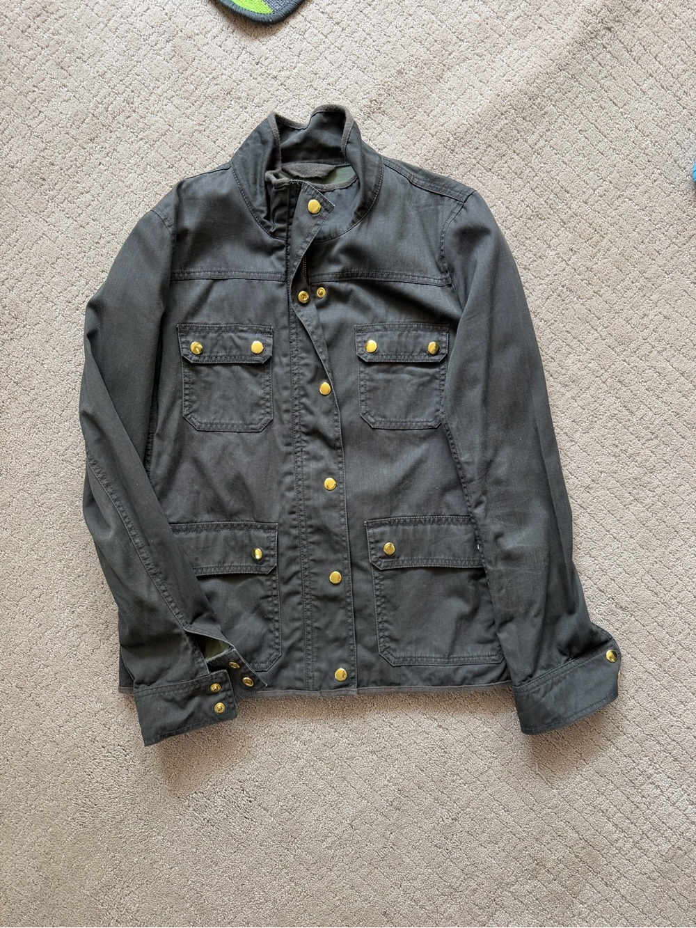 Utility Button-Front Jacket in dark olive green with Gold Hardware
